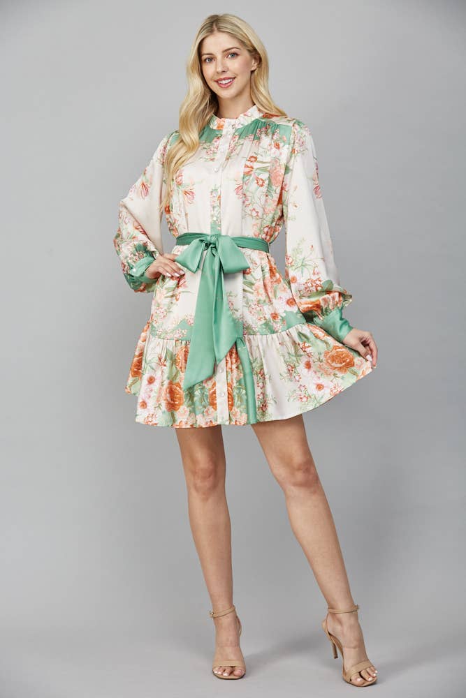 TAN SAGE MULTI HIGH NECK SELF TIE WAIST BUTTON DOWN DRESS FD30385 for wholesale on Faire5