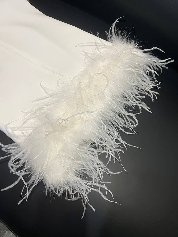 Sanyao Fashion - Wholesale Outerwear Vest - Women's - SY411 White Ostrich Feather Trim Round Neck Sleeveless Top11