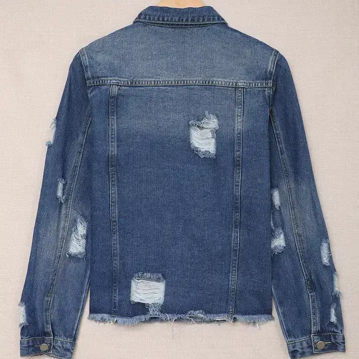 Katinki - Vendita all'ingrosso Giacca di jeans - Donna - Giacca di jeans blu effetto vissuto con orlo grezzo e bottoni4