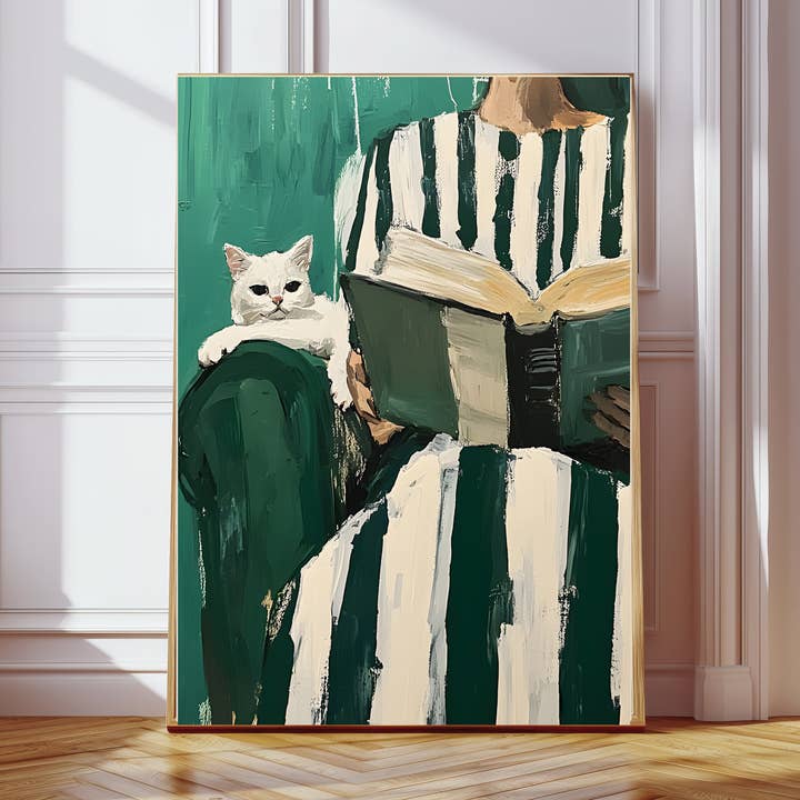 Female Reading Painting Cat Portrait Art Print for wholesale by Kumo Art Prints