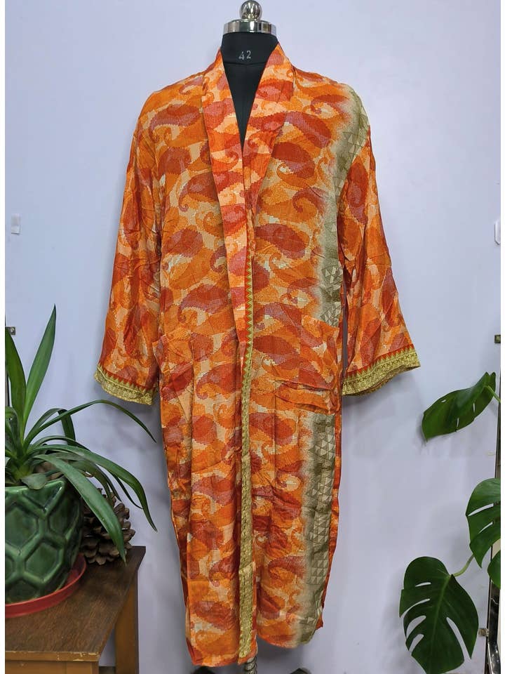 The Eastern Loom - Wholesale Robe - Men's - Men's Silk Recycled Sari Boho Kimonos Regal Lounge Robe6