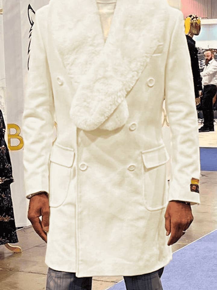 Abrigo con cuello de piel para hombre, color crema, tres cuartos, tela de lana para venta al por mayor de Alberto Nardoni