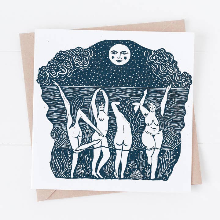 Prints by the Bay – wholesale Everyday greeting card – Moondance Card moon art, wild swimming, sea theme0