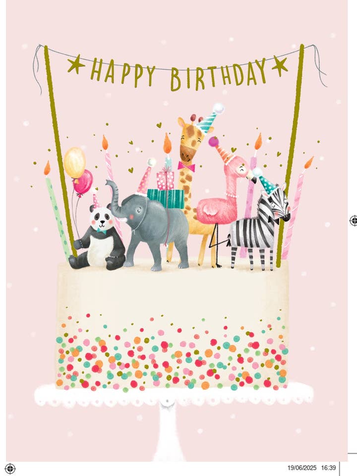 BIRTHDAY CHIILDREN'S ANIMAL CAKE GREETING CARD LING DESIGN for wholesale by Notes & Queries, Inc.