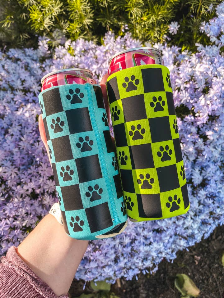 Checkered Dog Paw SLIM Can Cooler | Neoprene for wholesale by BeasKneesCreationsCU