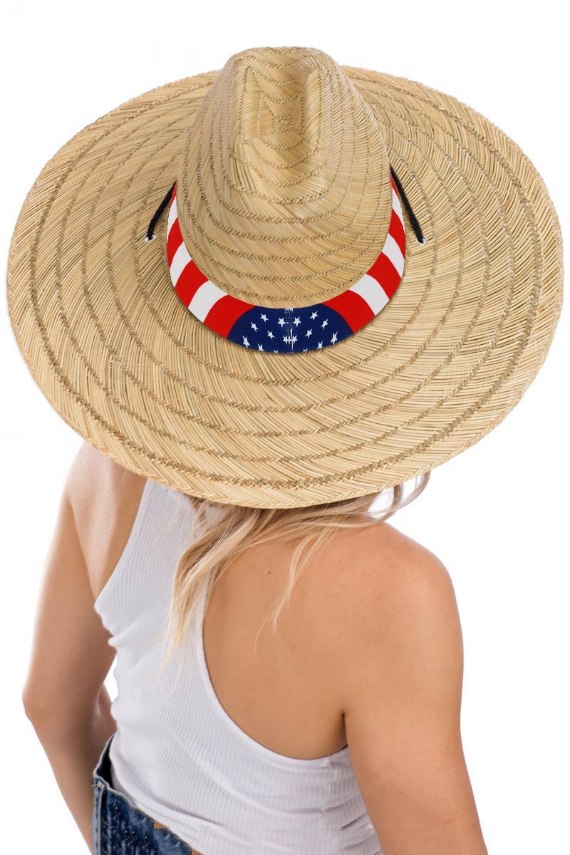 COME MOSTRATO Cappello da bagnino in paglia con banda larga con bandiera americana in vendita all'ingrosso su Faire2