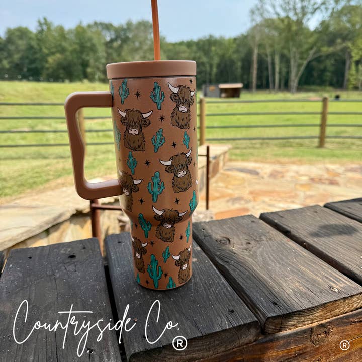 Texas Western Cowhide Bags and More - Wholesale Insulated mug/tumbler - Highland Cow 40oz Insulated Tumbler Cup3