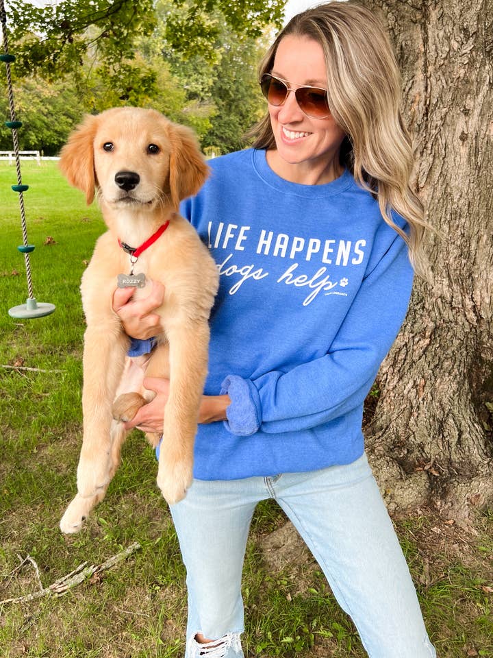 Heather Royal LIFE HAPPENS, DOGS HELP - Crewneck Sweatshirt for wholesale on Faire