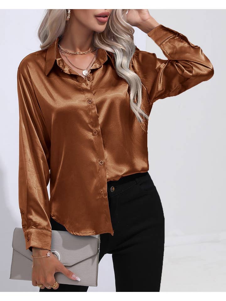 HIDDENBRAND - Wholesale Button Down Shirt - Women's - Satin Faux Silk Long-Sleeved Shirt39