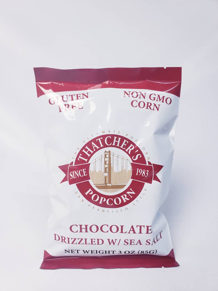 Chocolate Caramel & Sea Salt Snack Pack 3oz Popcorn for wholesale by Thatcher's Gourmet Popcorn