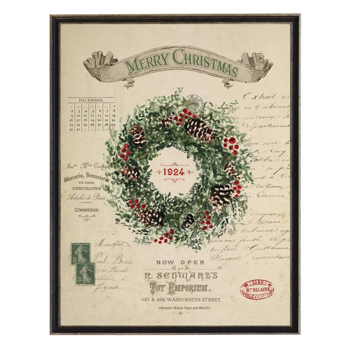 Painting of a wreath on a distressed bookplate for wholesale by Antique Curiosities Inc