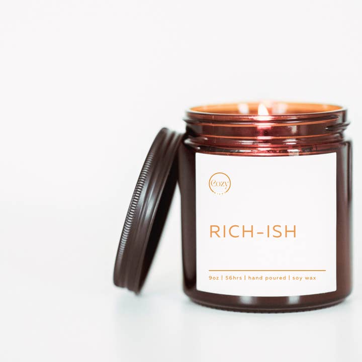 Rich • ish 9oz soy candle for wholesale by Cozy Wicks Candle Company