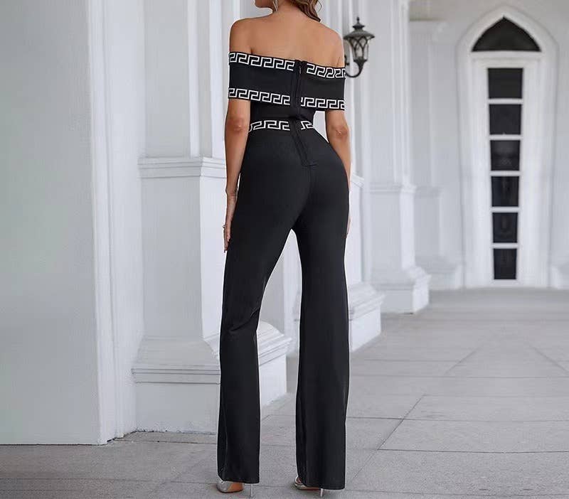 Noir JP014 Combinaison élégante à une épaule à bordure imprimée en vente sur Faire2