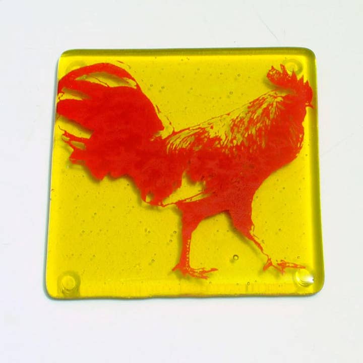 Rooster Fused Glass 4" Single Coaster for wholesale by Kiku Handmade | Contemporary Fused Glass Home Goods