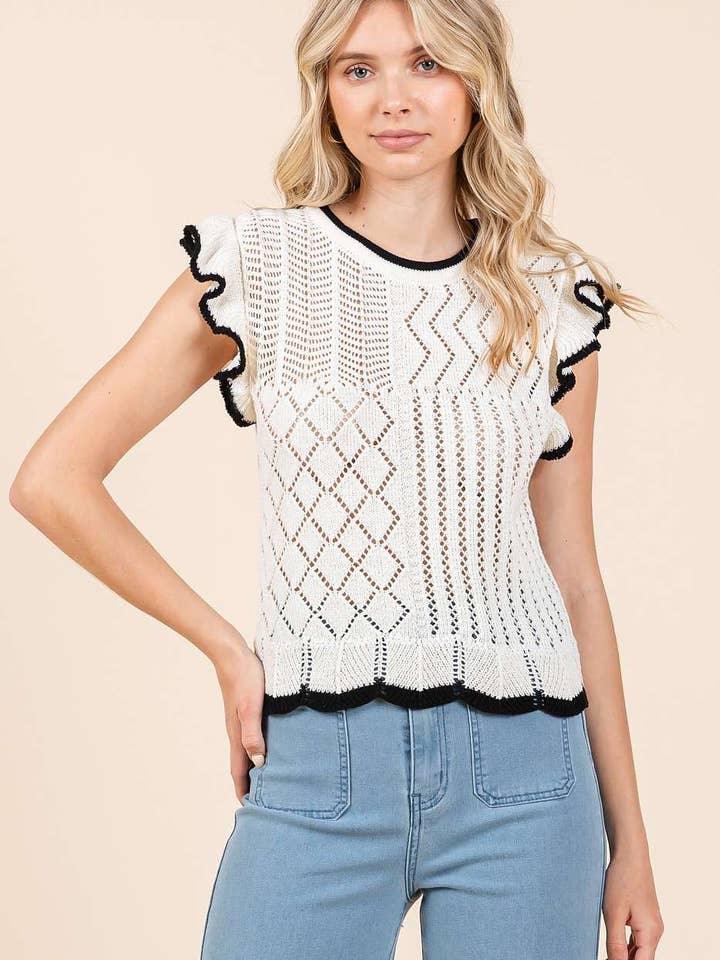 MULTI PATTERN CONTRAST RUFFLE SWEATER KNIT TOP for wholesale by mittoshop