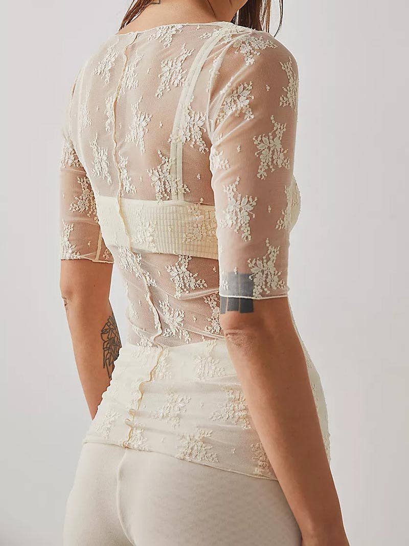 safistyle - Wholesale Blouse - Women's - Sheer Lace Floral Top with 1/2 Sleeve4