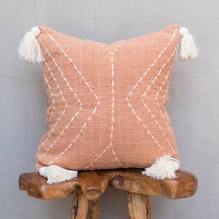Bali Harvest - Vente Housse de coussin - Housse de coussin/coussin Boho, pompon géométrique rose