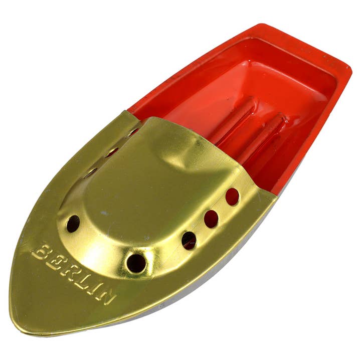 Tin toy candle boat Berlin gold orange pop pop tin for wholesale by Tribal Trade GmbH