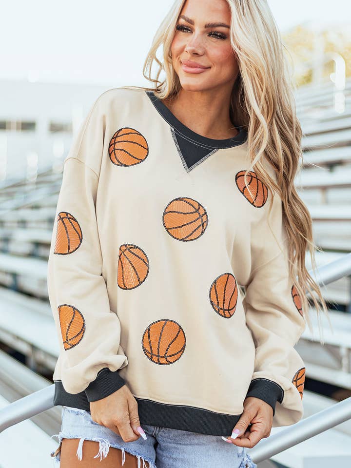 White Sequin Basketball Graphic Colorblock Edge Sweatshirt for wholesale on Faire