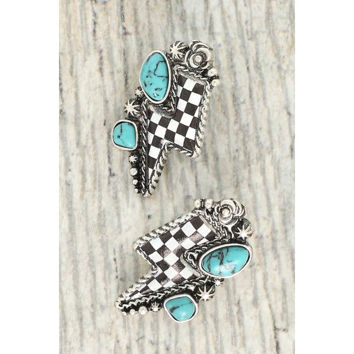 Sbmt WESTERN TURQUOISE CHECKERED THUNDER EARRINGS E15981 for wholesale on Faire