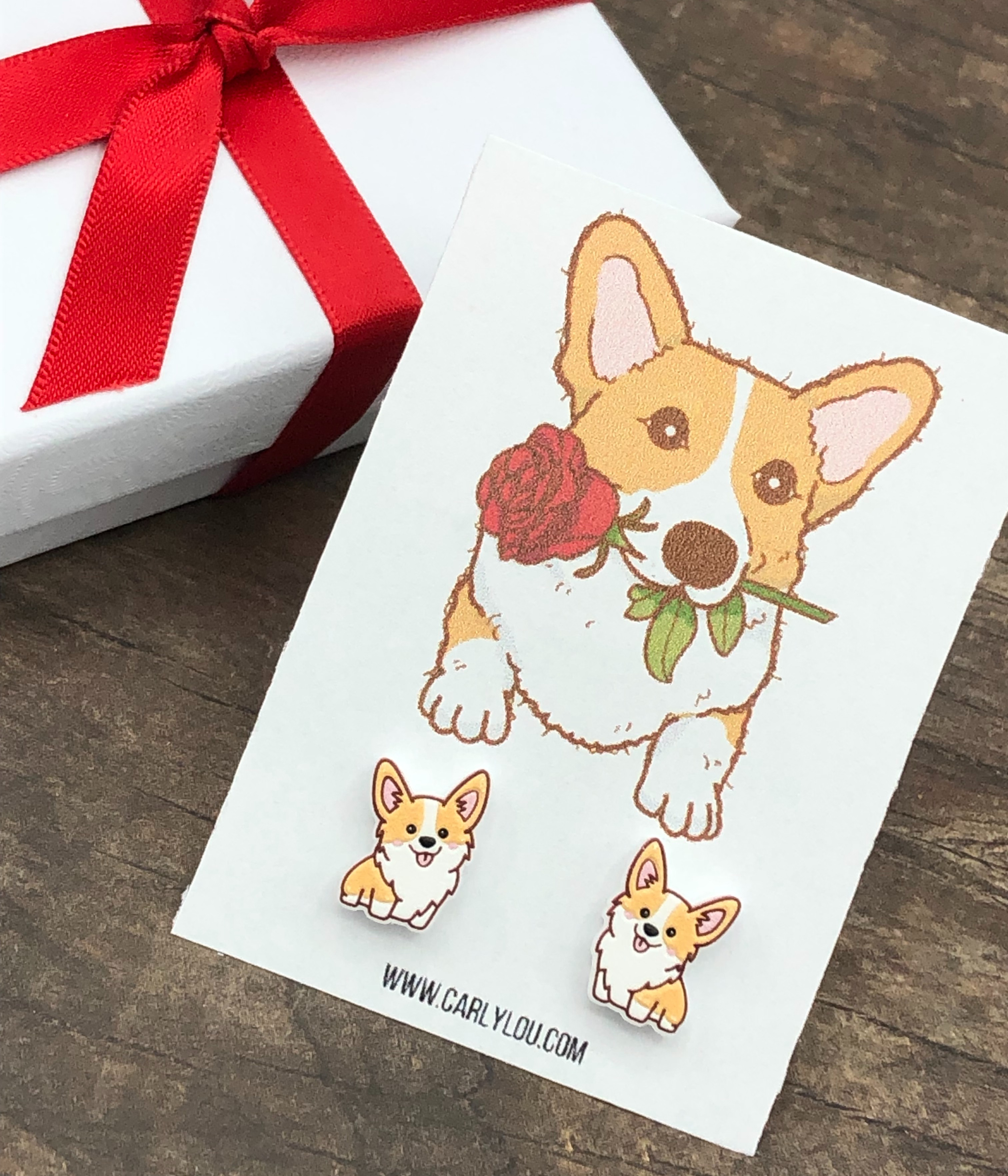 Carly Lou - Wholesale Stud/Post Earrings - Corgi Earrings - Corgi with Rose Jewelry Card (No Box)1