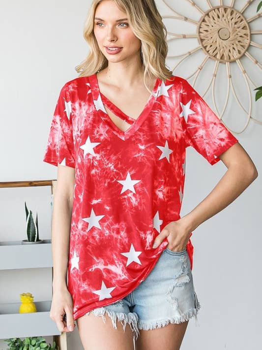 T5721HS15-TOP A MANICHE CORTE CON STAMPA STELLE E TIE DYE CON BARRA per la vendita all'ingrosso da parte di Sunday Morning