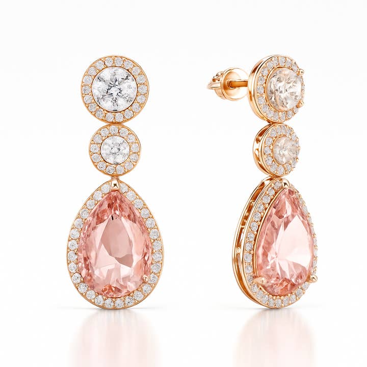 Gold Plated Drop Earrings with Pink Crystal & CZ for wholesale by Sedy Jewelry