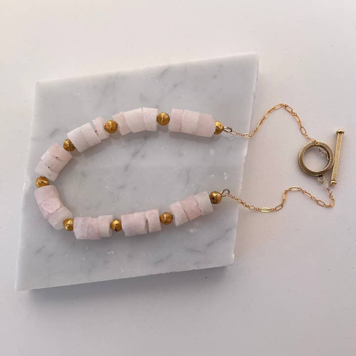 Raw Rose Quartz Beaded Gold Necklace for wholesale by Elektra Jewelry