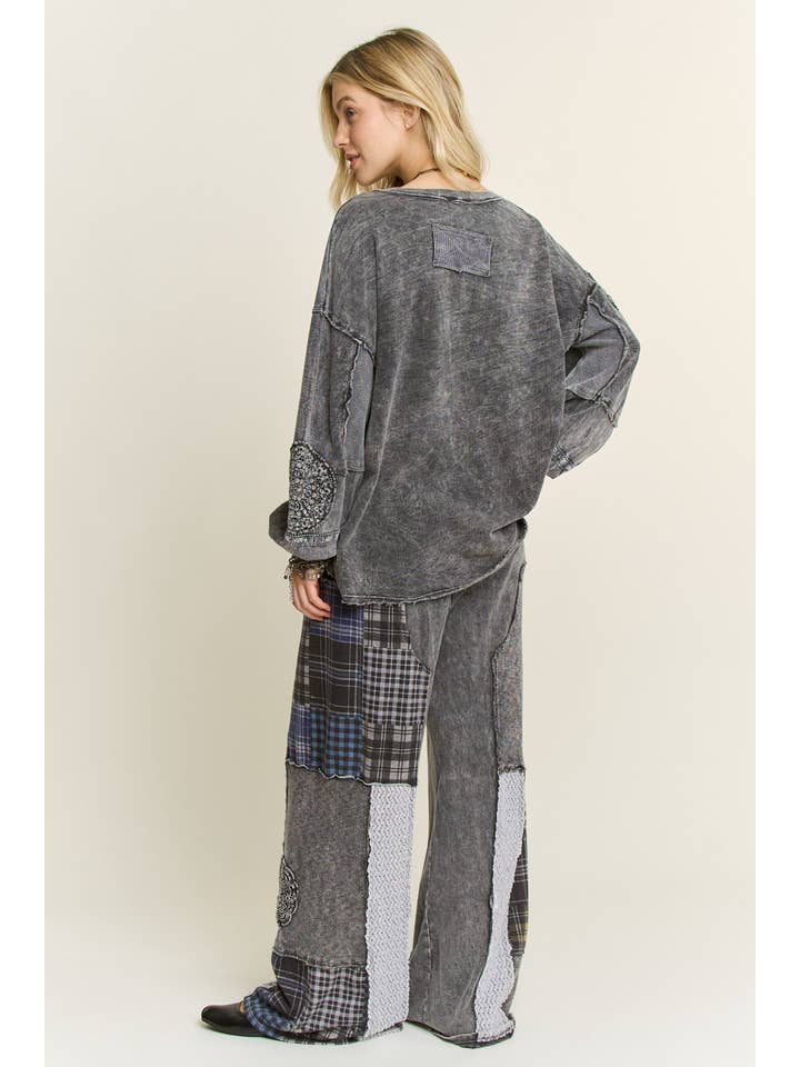 J.Her - Wholesale Pants - Women's - Mineral Washed Plaid Patched Doily Pants HP67367