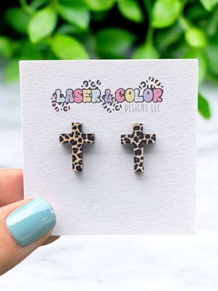 Easter Earrings, Leopard Cross Earrings, Faith Earrings for wholesale by Laser & Color Designs LLC