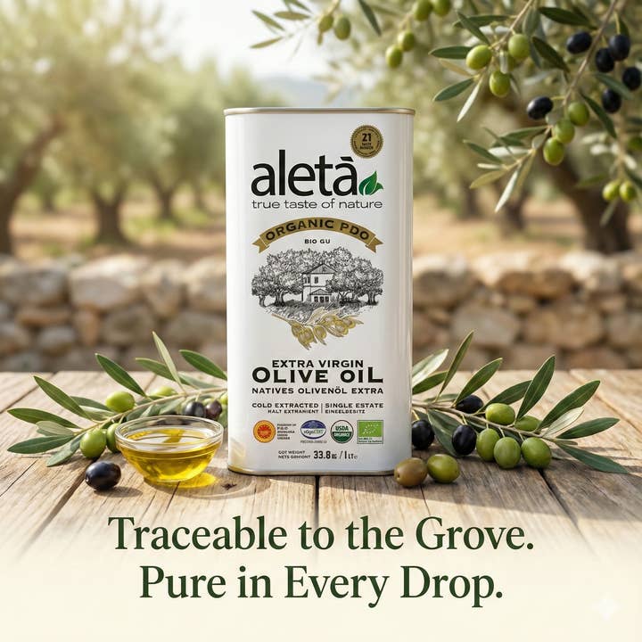 ELLORA FARMS - Wholesale Olive Oil - Aleta Organic Single Estate PDO Extra Virgin Olive Oil, 1 LT7