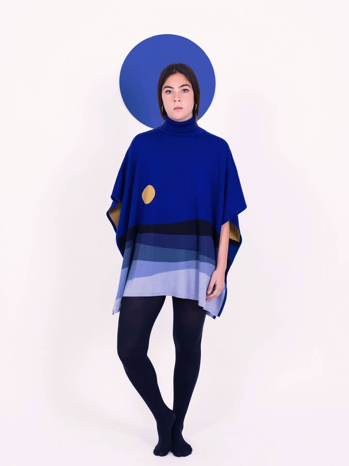 Merino wool poncho landscape night blue for wholesale by Magical Crisálida