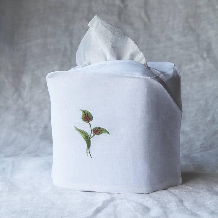 Hand Embroidered Linen Tissue Box Cover - Flamingo Flower White for wholesale by Gordonsbury