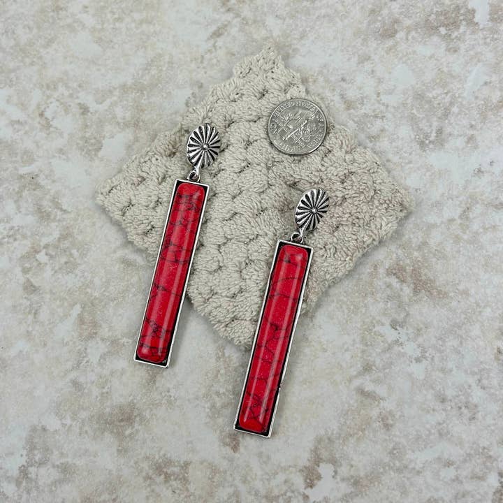 Western Elite Jewelry - Wholesale Dangle Earrings - Small Silver Concho with Red Stone Long Bar Dangle Earrings