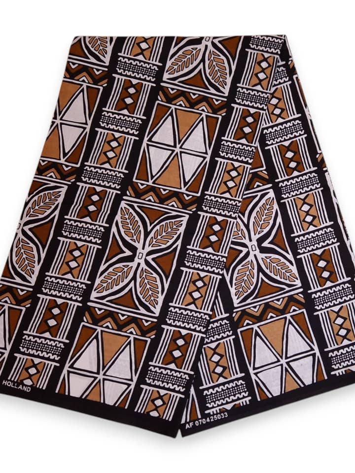 6 Yards - African print fabric - Dark Brown & White Bogolan Symbols - 100% cotton for wholesale by AfricanFabs