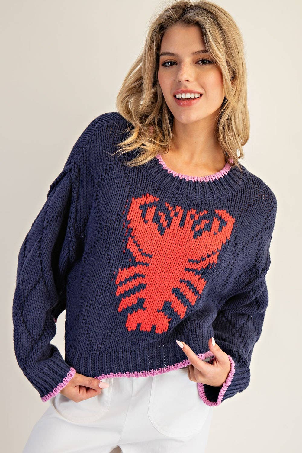 Peace Love Line - Wholesale Knit Sweater - Women's - PL8369 - LOBSTER INTARSIA KNIT CROPPED SWEATER2