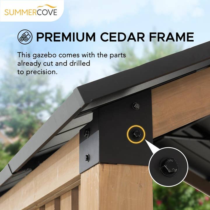 Giniverse108 - Wholesale Outdoor Ornament/Decor - Sienna Outdoor Cedar Wood Framed Hot Tub Gazebo with Steel Hardtop, Matte Black18