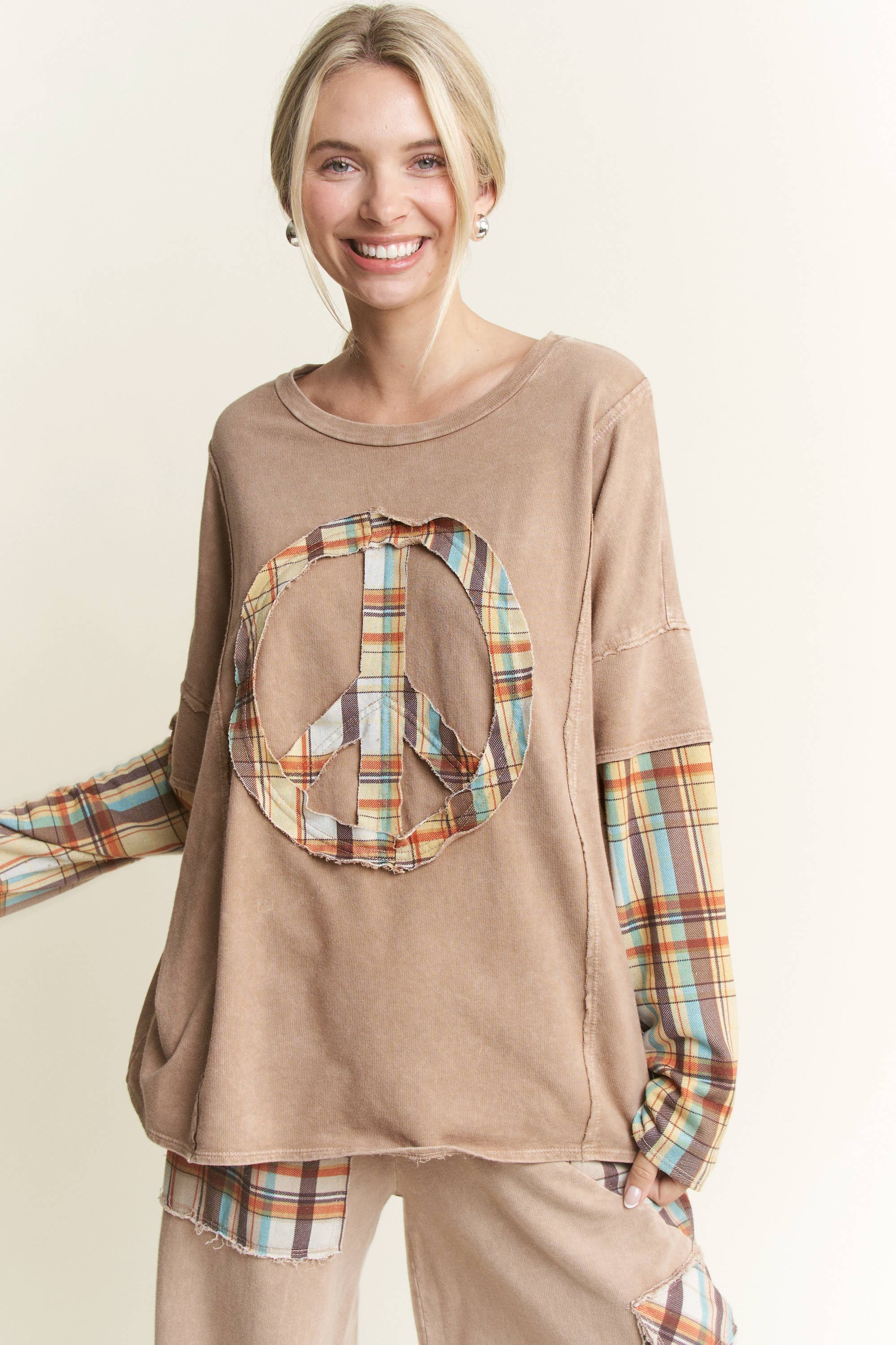 J.Her – Túnica - Mulher por atacado – MineralWash Xadrez PIECE acolchoado Top de mangas em camadas HT5987.0