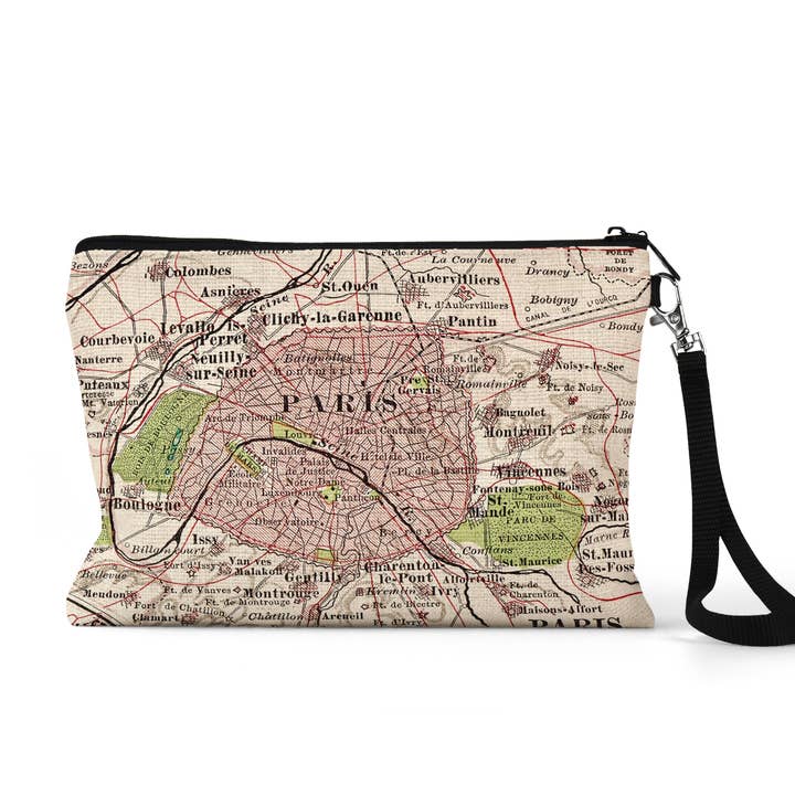 Paris France Map Wristlet Zipper Pouch Makeup Bag for wholesale by Daisy Mae Designs