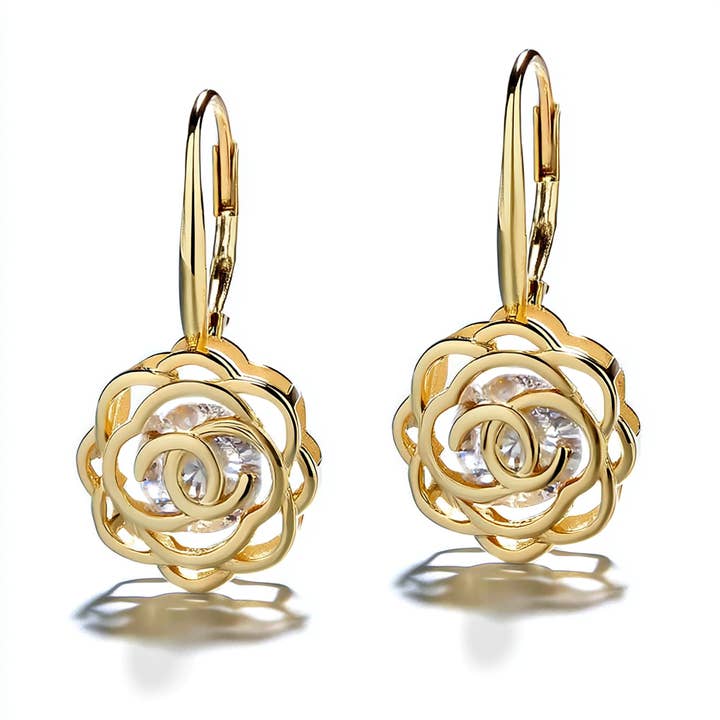 Amy and Annette - Wholesale Dangle Earrings - 14K Gold Caged with crystals Rose Lever Back Earrings5