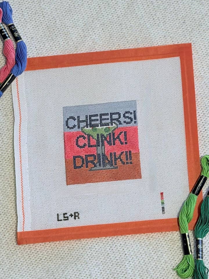 Cheers! Clink! Drink!! Martini Needlepoint Canvas // Martini 18 mesh hand painted 3.5 inch canvas for wholesale by Lets Stitch Studio