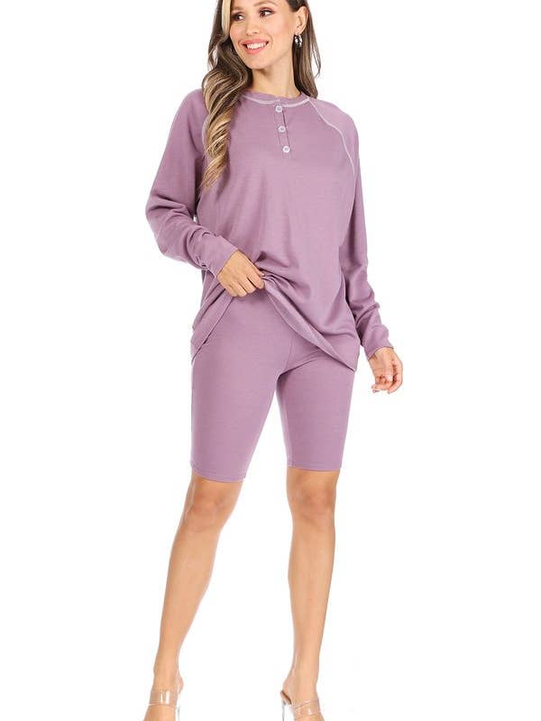 Women's long sleeve oversized henley top 2pcs Set for wholesale by Lady Curvaceous