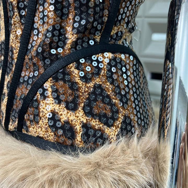 Color as pictures 59Y Leopard Sequin Tube Top with Eco-Fur Three-Piece Set for wholesale on Faire11