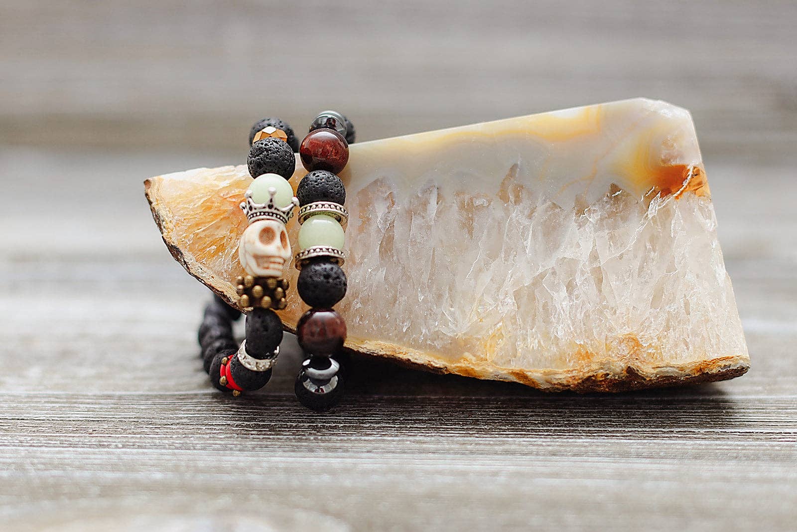 CRETE TRADING INC - Wholesale Beaded Bracelet - Black Lava Rock Crystal Bead Bracelet Skull 10mm2