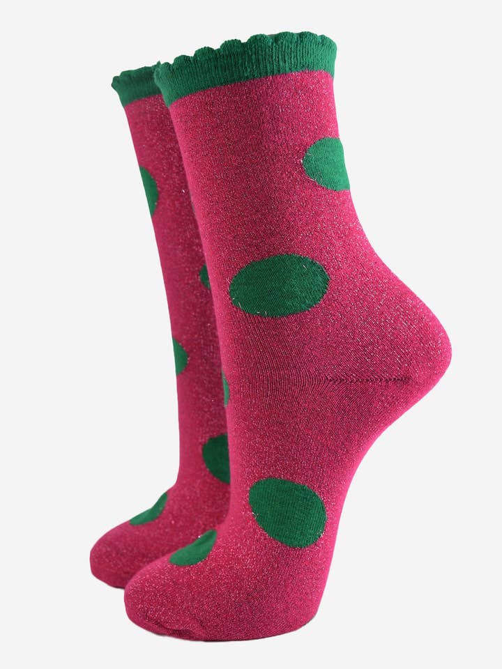 Women's Glitter Socks - Hot Pink/Green, Large Polka Dot for wholesale by Sock Talk