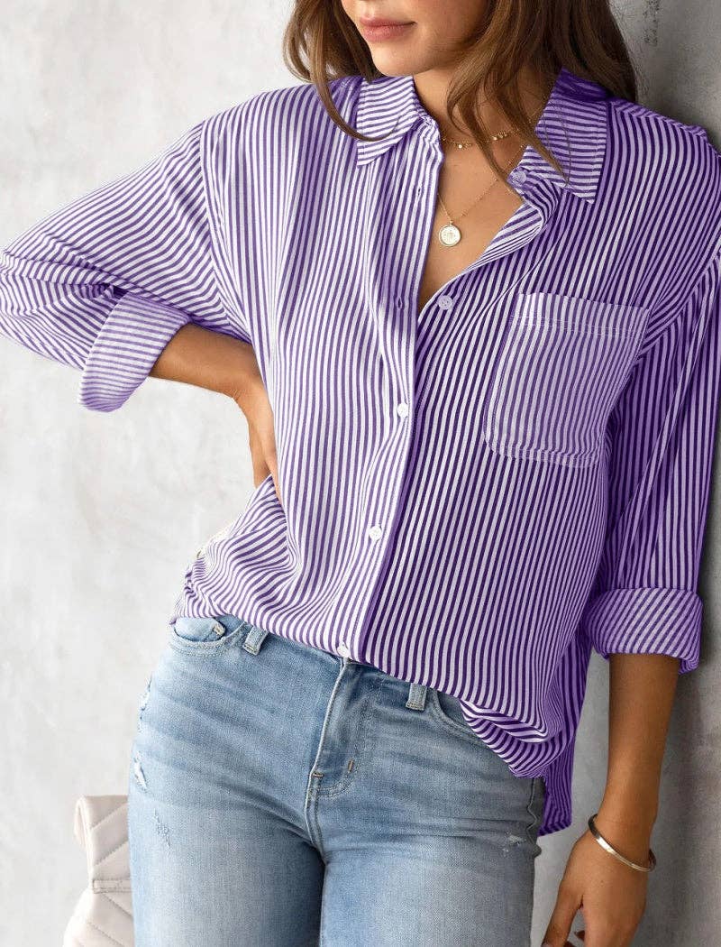 safistyle - Wholesale Button Down Shirt - Women's - Button-Up Collared Striped Shirt4