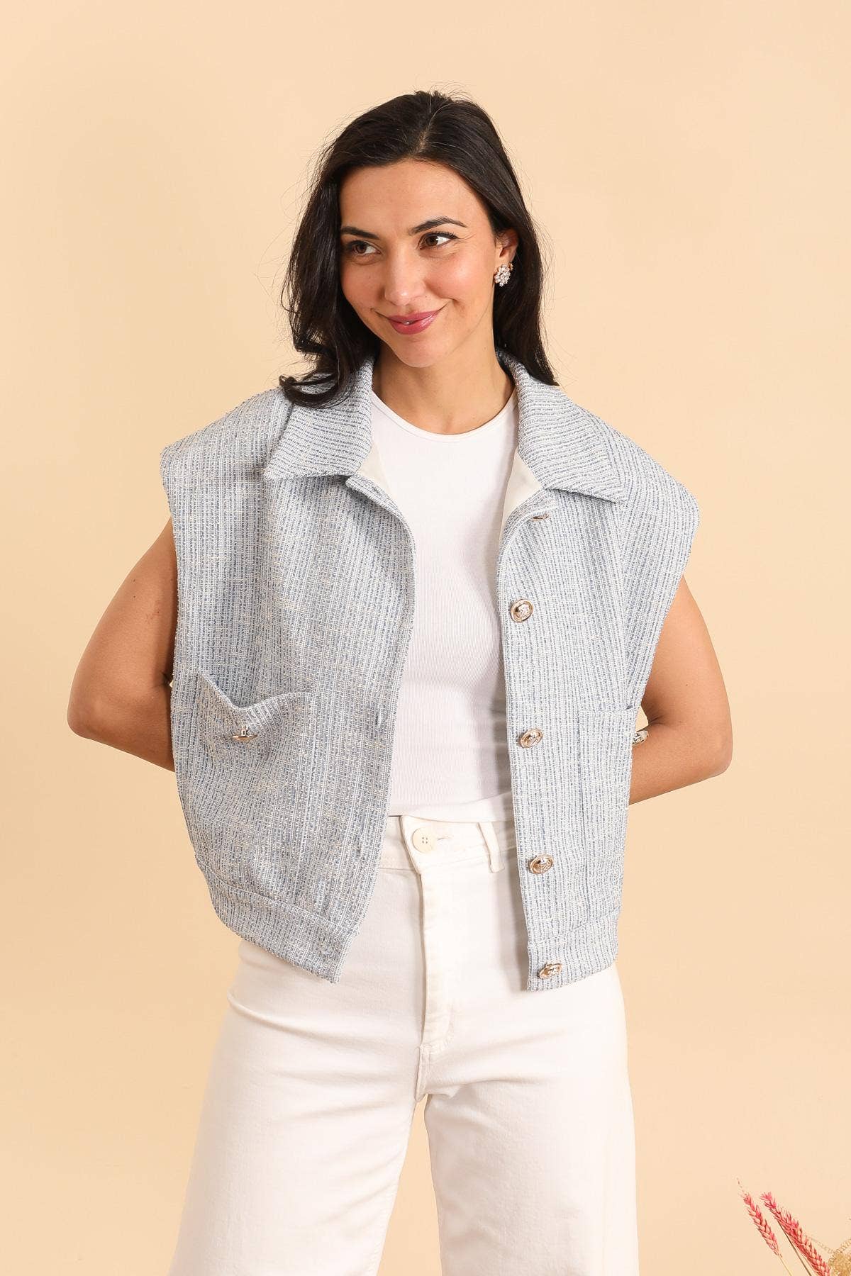 Attrait Paris – Blusão - Mulher por atacado – Casaco sem mangas de tweed com botões dourados6