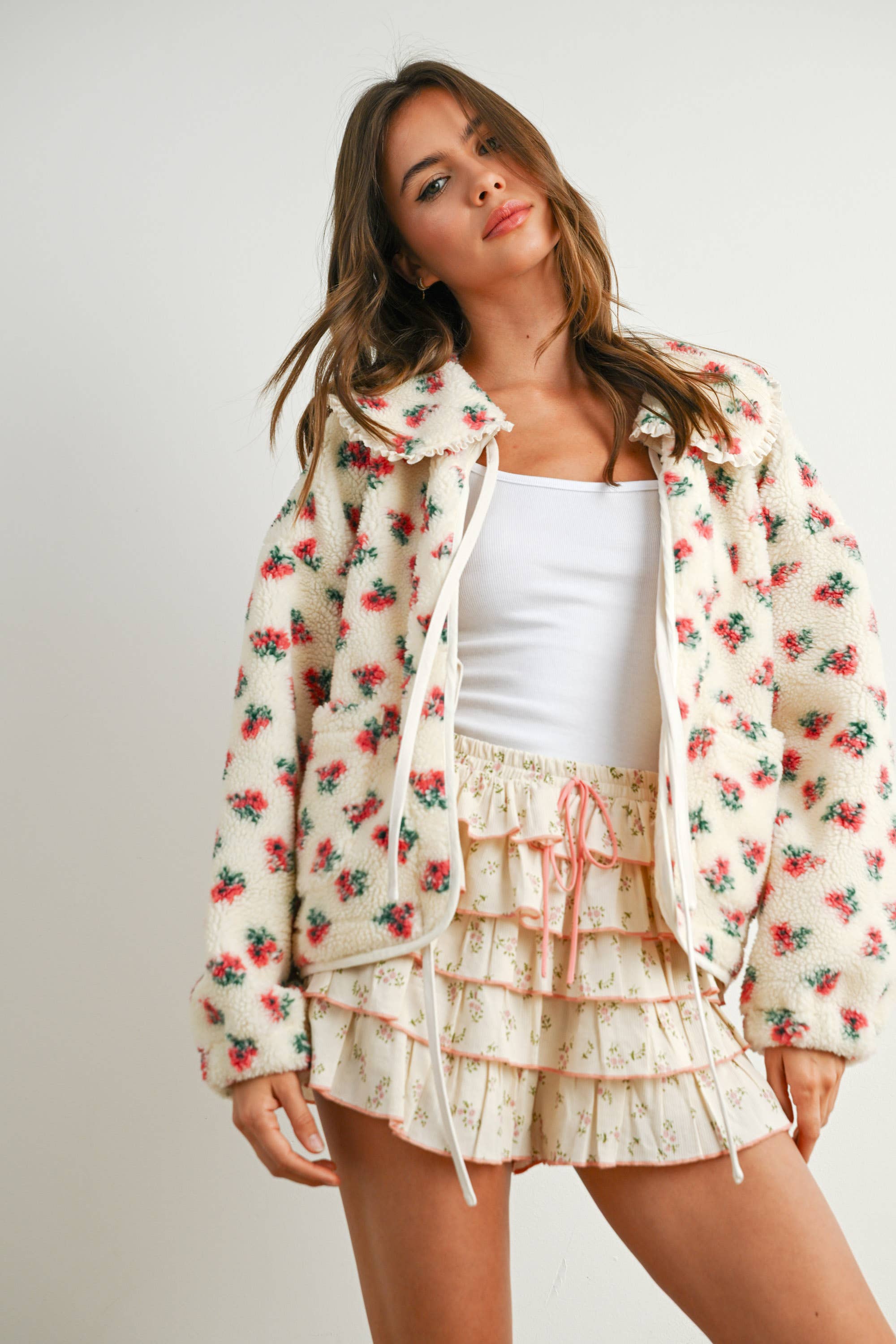 BUTTERMELON - Wholesale Jacket - Women's - Floral Puffy Tie-Front Long Sleeve Jacket - BMJ78417