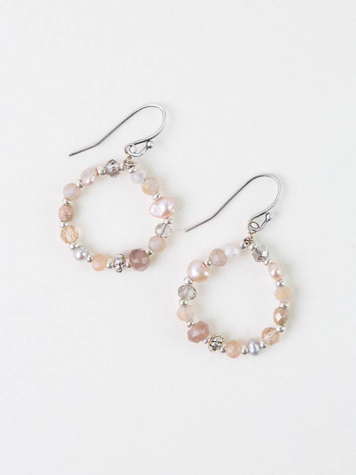 Blush Crystal, Freshwater Pearl, Moonstone Hoop Earrings for wholesale by Anne Vaughan Designs Jewelry