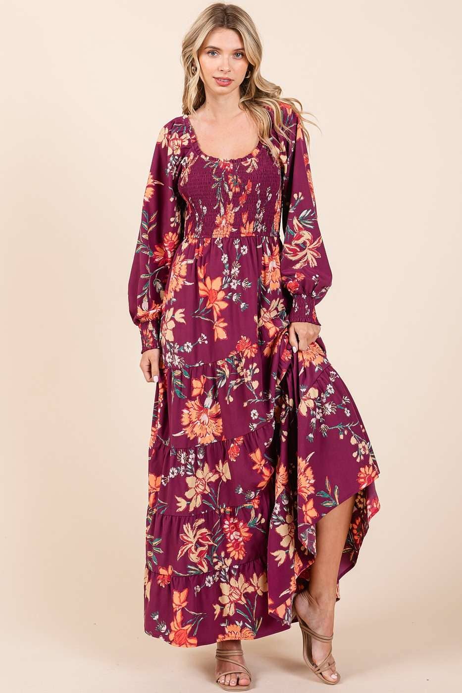 mittoshop – wholesale Dress – Women's – FLOWER PRINT SMOCKED DIAGONAL TIERED MAXI DRESS7